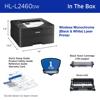 Brother HL-L2460DW wireless monochrome laser printer with included accessories and dimensions