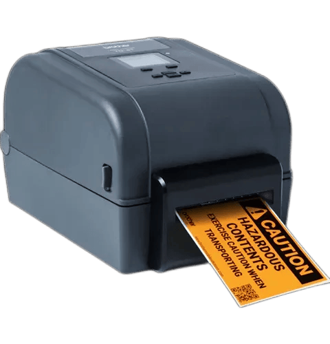 Brother TD-4750TNWB desktop label printer printing yellow caution label