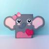 Gray cardboard elephant craft box with pink ears, bow, and heart decoration