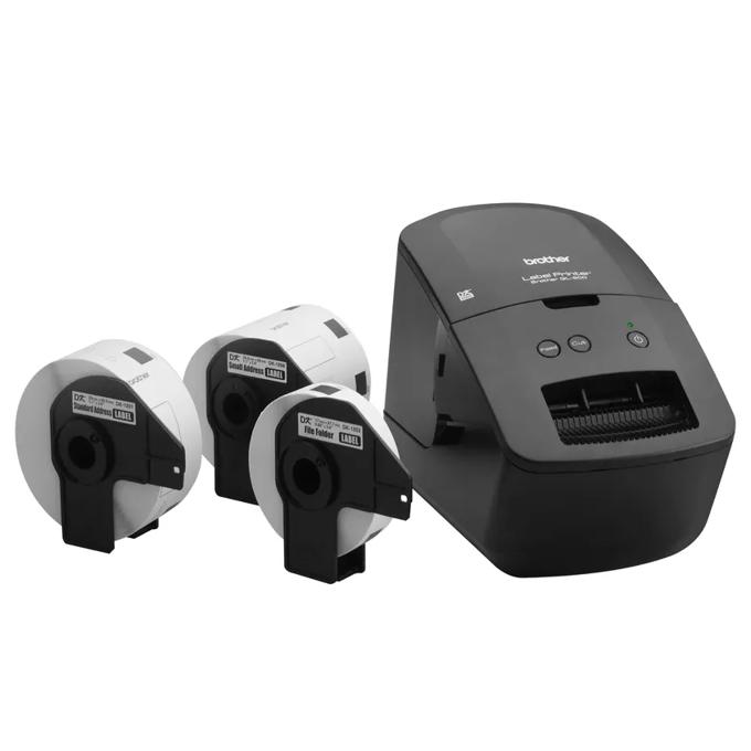 Brother QL-600 label printer bundle with three DK label rolls