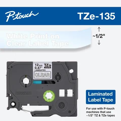 Cartucho de cinta de etiquetas laminadas Brother TZe-135 con impresión blanca sobre fondo transparente