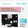Brother TZe-RE34 embellish satin ribbon tape with gold print on pink, 1/2-inch width