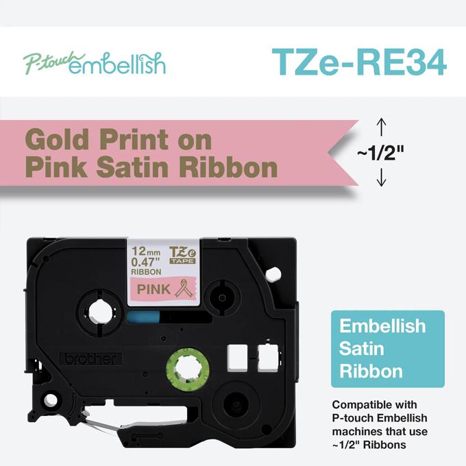 Brother TZe-RE34 embellish satin ribbon tape with gold print on pink, 1/2-inch width