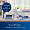 Brother ScanNCut cutting machine and sewing machine on craft table with quilted fabric projects
