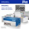 Brother DR229CL drum unit with stacks of printed color pages showing 20,000-page yield