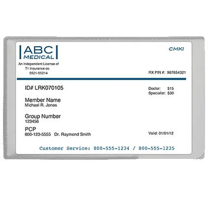 ABC Medical insurance card displaying member ID, group number, and doctor copay information