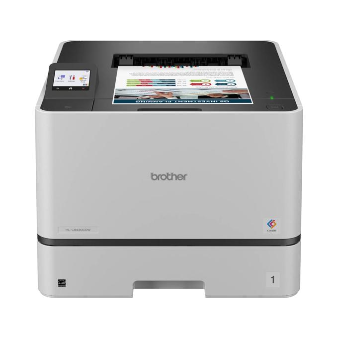 Brother HL-L8430CDW color laser printer with touchscreen printing colorful infographic