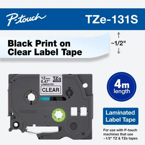 Brother TZe-131S laminated label tape cartridge with black text on clear background, 1/2-inch width