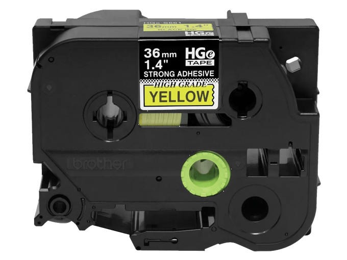 Brother 36mm HGe tape cartridge with black text on yellow background and strong adhesive