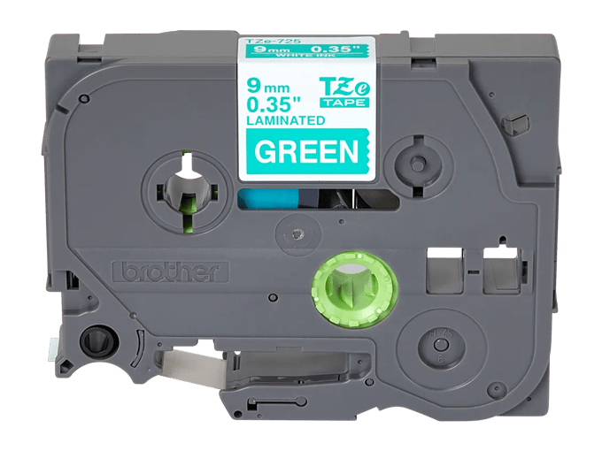 Brother TZe-725 9mm laminated label tape cartridge with white text on green background
