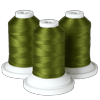 Three spools of olive green embroidery thread on white bases for Brother sewing machines