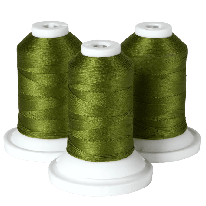 Three spools of olive green embroidery thread on white bases for Brother sewing machines