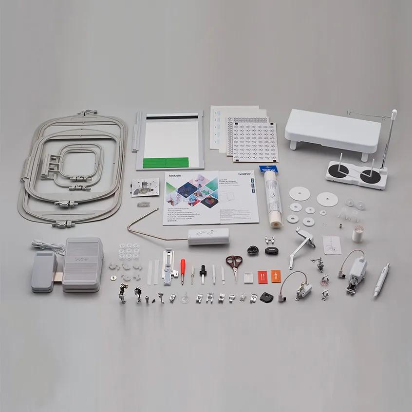 Brother sewing machine accessories kit with embroidery hoops, presser feet, and tools