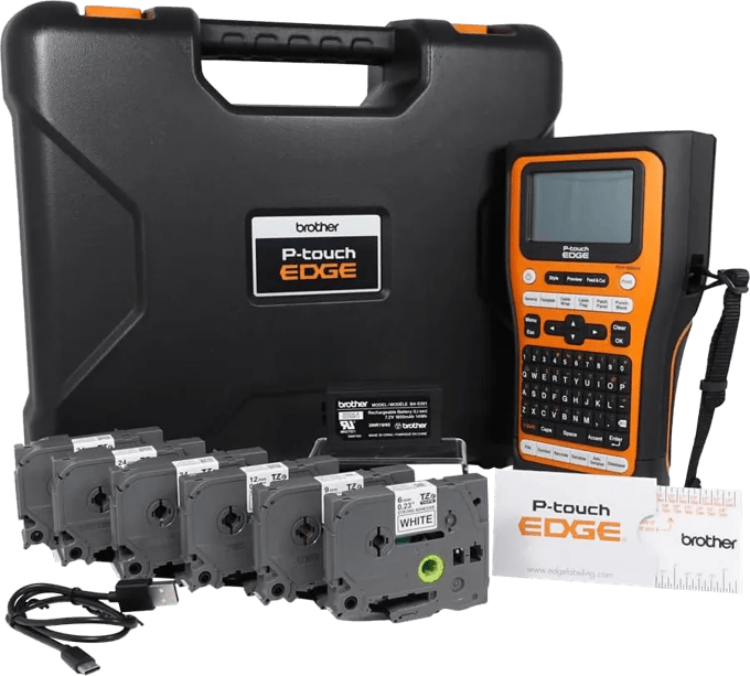 Brother P-touch EDGE label maker with carrying case, tape cartridges, and accessories
