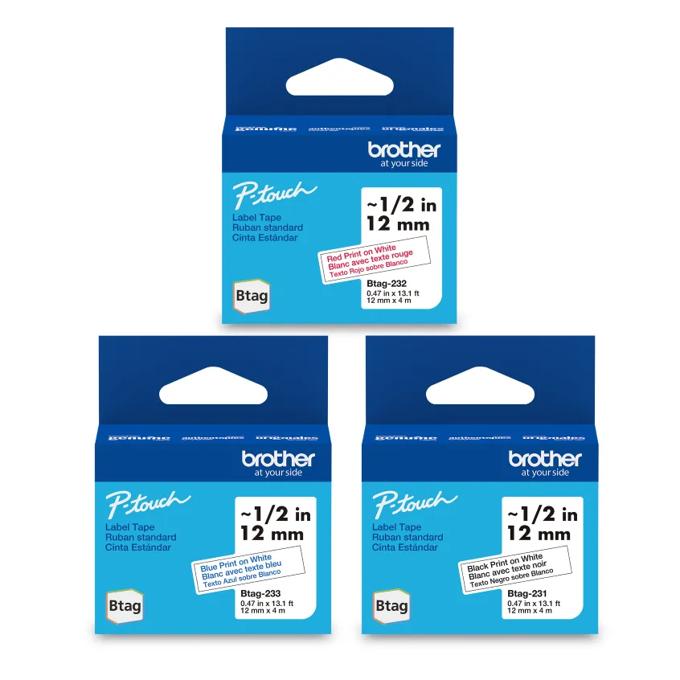 Brother Genuine BTAG 3-pack Non-Laminated Tape for P-touch Label Makers, Red on White, Blue on White, Black on White – 12 mm wide x 4 m long, , large