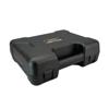 Black rugged carrying case with handle and secure latches for label printer storage