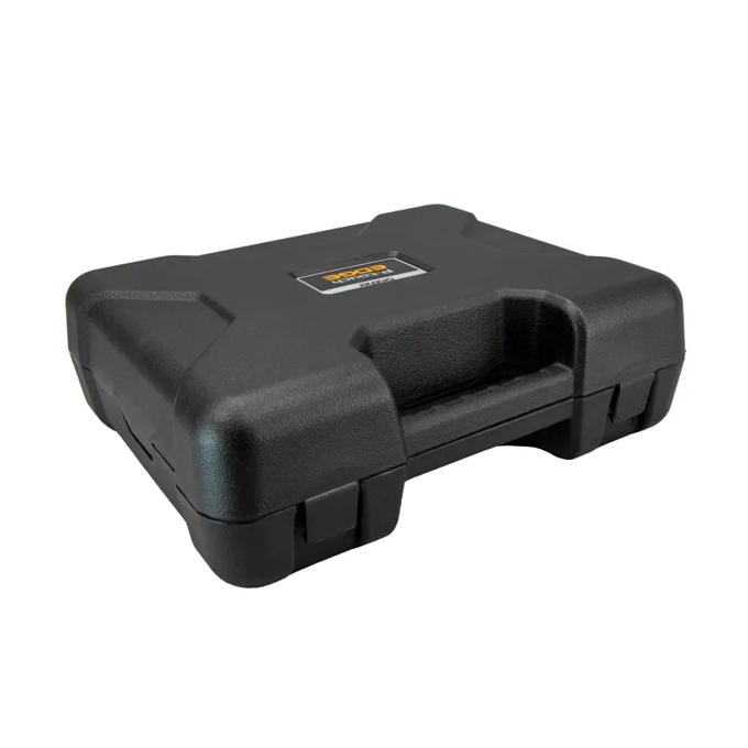 Black rugged carrying case with handle and secure latches for label printer storage