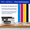 Brother MFC-J5010DW all-in-one printer with color print samples on wooden desk