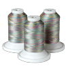 Three spools of multicolored embroidery thread on white bases