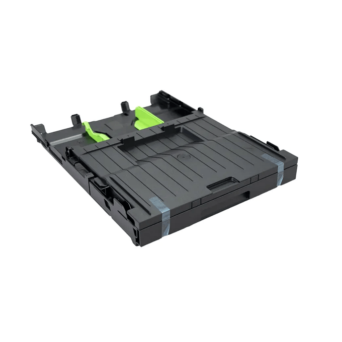 Brother printer paper tray with adjustable green guides for multiple paper sizes