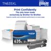 Brother TN635XL 2-pack high-yield black toner cartridges with printed pages