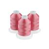 Three spools of rose-pink embroidery thread on white bases