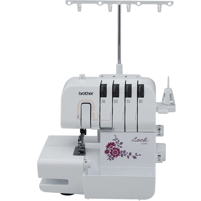 Overlock Brother 1534D con cuatro conos de hilo y bordado decorativo en tela