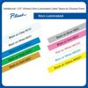 Brother P-touch non-laminated label tape samples in multiple colors with black text