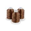 Three spools of sandlewood brown embroidery thread on white background