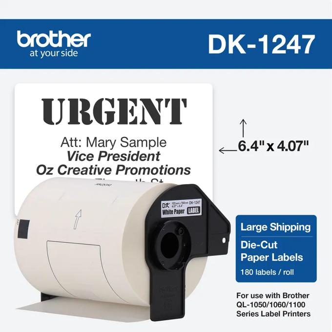 Brother DK-1247 large shipping labels, white die-cut paper roll for QL label printers