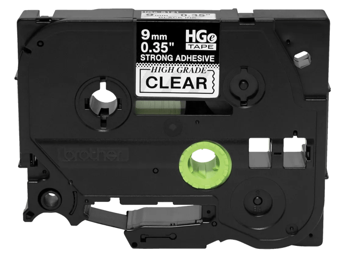 Brother HGe 9mm clear label tape cartridge with black text and strong adhesive