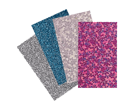 Four decorative patterned papers in silver, blue, lavender, and pink with floral designs