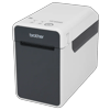 Brother TD-2020 compact label printer with white and gray design, left angle view