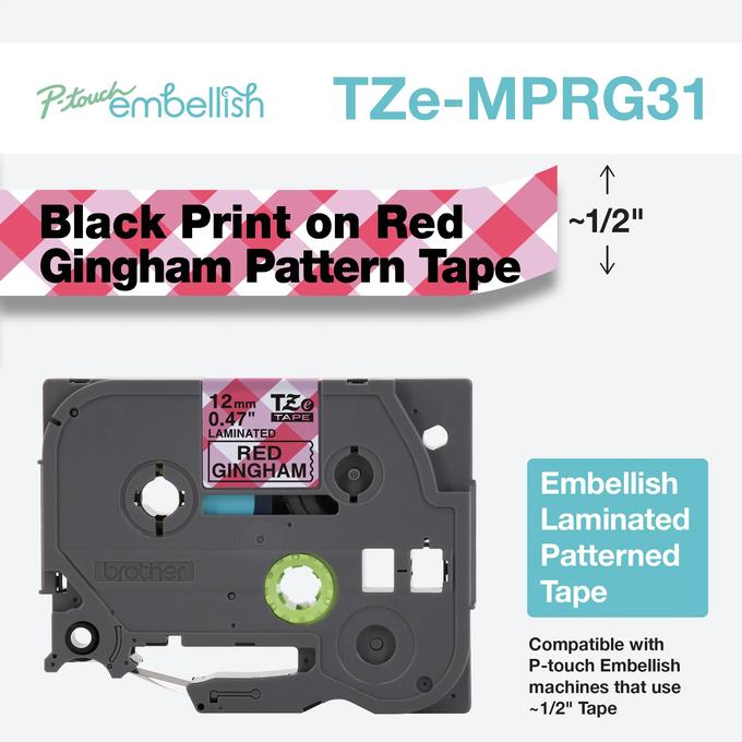 Cinta laminada Brother TZe-MPRG31 con patrón de cuadros rojos y texto negro, 0.47 pulgadas
