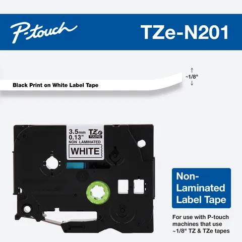 Cartucho de cinta de etiquetas no laminada Brother TZe-N201, impresión negra sobre blanco, 1/8"