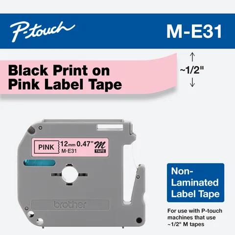 Brother P-touch M-E31 non-laminated label tape cartridge with black text on pink background