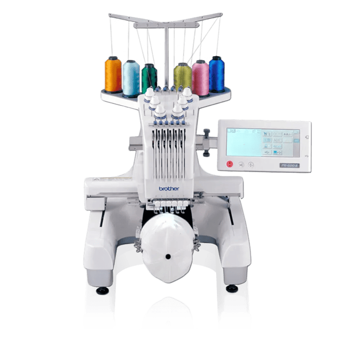 Brother PR600II embroidery machine with 6-needle design and touchscreen display