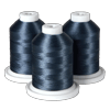 Three spools of dark blue embroidery thread on white bases