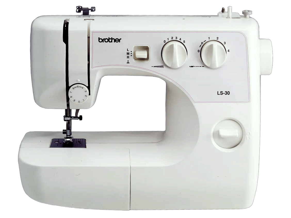 Brother LS-30 sewing machine with white body and blue bobbin cover, front view