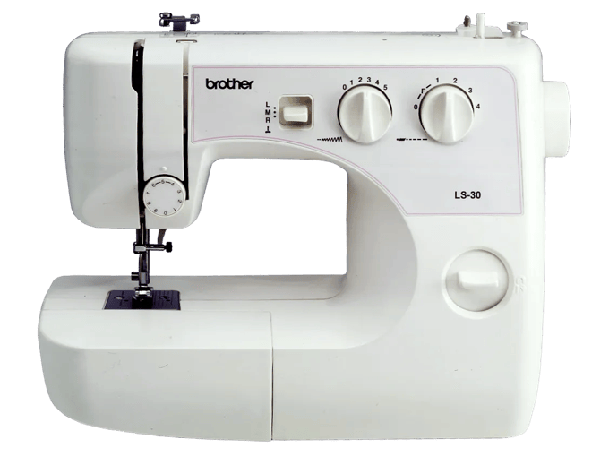 Brother LS-30 sewing machine with white body and blue bobbin cover, front view