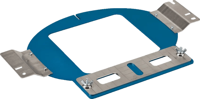 Brother embroidery cap frame with blue hoop and metal mounting brackets