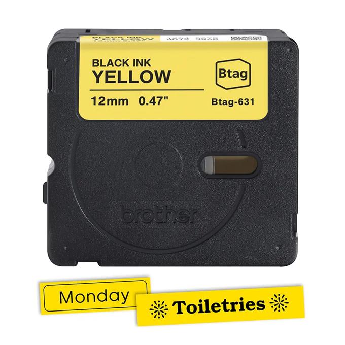 Brother Btag-631 label tape cartridge, 12mm yellow with black ink