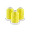 Three bright yellow embroidery thread spools on white bases