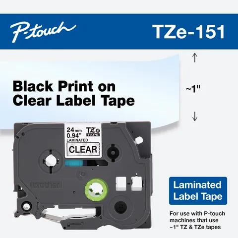 Cartucho de cinta de etiquetas laminadas Brother TZe-151 con impresión negra sobre fondo transparente, ancho de 1 pulgada