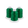 Three dark green embroidery thread spools on white bases