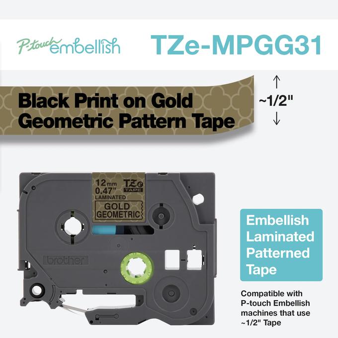 Cartucho de cinta laminada Brother TZe-MPGG31 con impresión negra sobre patrón dorado