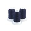 Three navy blue embroidery thread spools on white bases