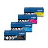 Brother TN433 high-yield toner cartridge bundle in black, cyan, magenta, and yellow
