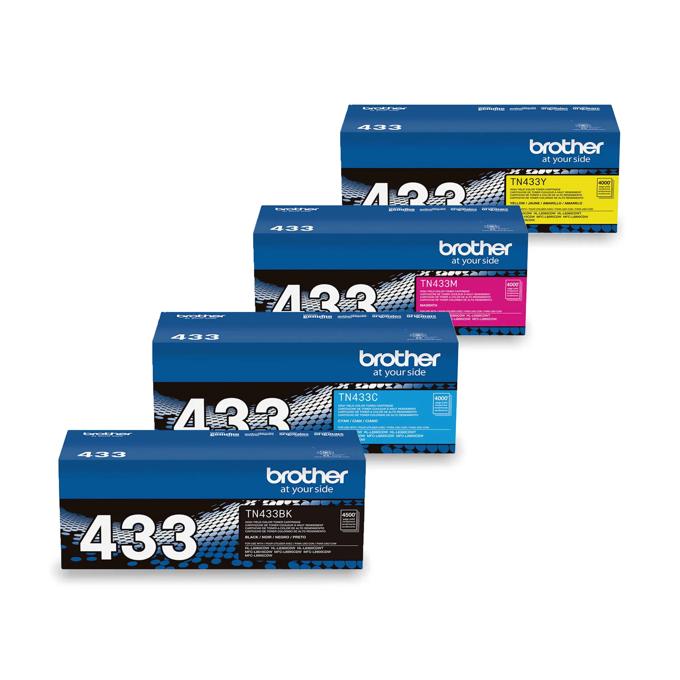 Brother TN433 high-yield toner cartridge bundle in black, cyan, magenta, and yellow