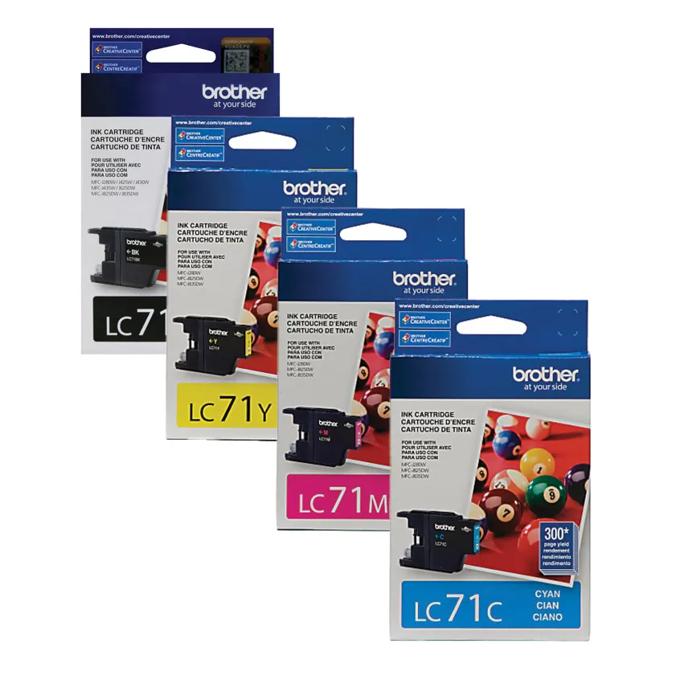Brother LC71 ink cartridge bundle with black, yellow, magenta, and cyan cartridges